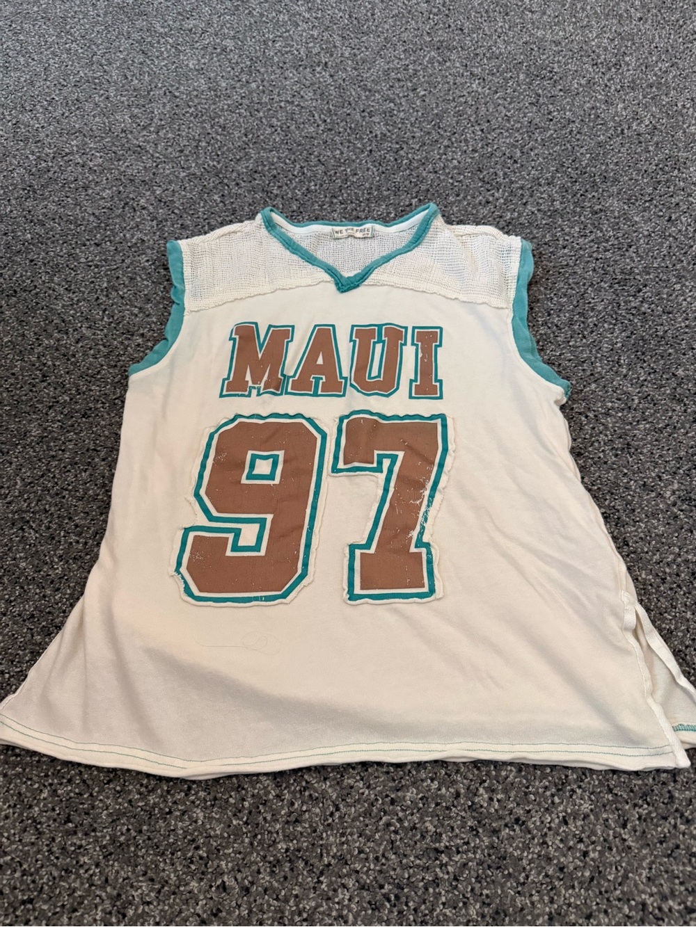 We The Free White Tank with Teal Trim and Brown MAUI 97 Graphic